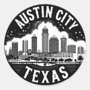 Sticker Rond Horizon de la ville d'Austin Texas Rétro Art en no