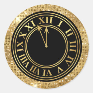 Sticker Rond Horloge de Nouvel An en Or Glamour Noir Diamants