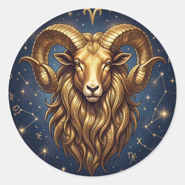 Sticker Rond Horoscope Sign Aries Golden Ram and Stars (Devant)