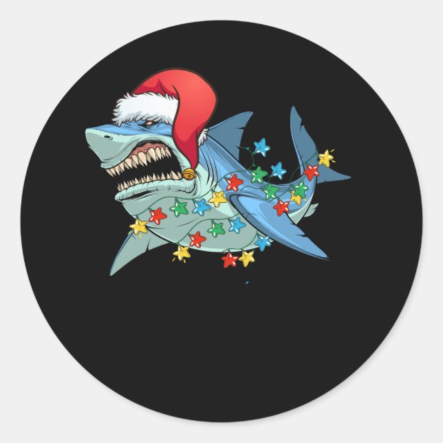 Sticker Rond Horreur Requin affamé Santa Chapeau Noël lumières  (Devant)