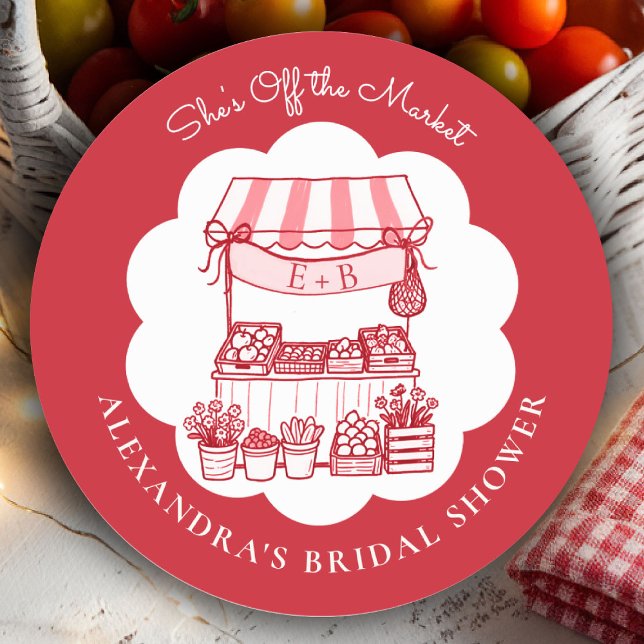 Sticker Rond Hors du Marché des Fermiers Rouge Moderne Lancemen (shes off the market bridal shower sticker red farmer stand hand drawn rustic chic outdoors picnic)