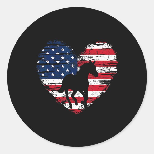 Sticker Rond Horse American Flag Heart 4 juillet Usa Patrioti (Devant)