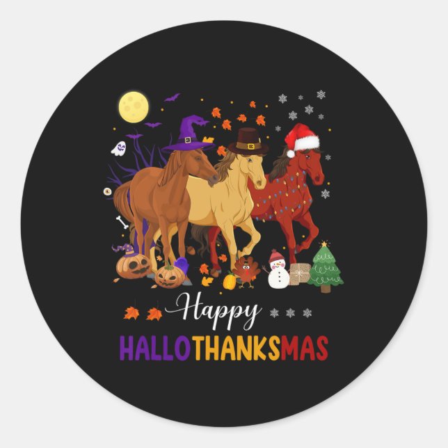 Sticker Rond Horse Halloween Thanksgiving Christmas Happy Hallo (Devant)