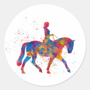 Sticker Rond Horse riding in watercolor