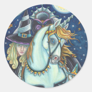 STICKER ROND HORSEMAN HORSEMAN GOTH WITCH, UNICORN, OWL