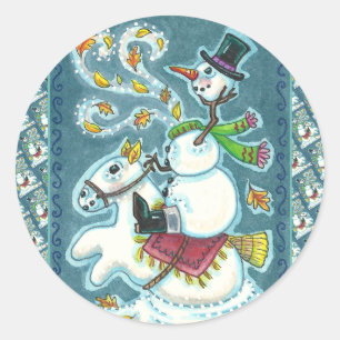 STICKER ROND HORSEMAN SNOWMAN SANS TÊTE, HUMOUR XMAS HALLOWEEN,