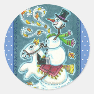 STICKER ROND HORSEMAN SNOWMAN SANS TÊTE, HUMOUR XMAS HALLOWEEN,