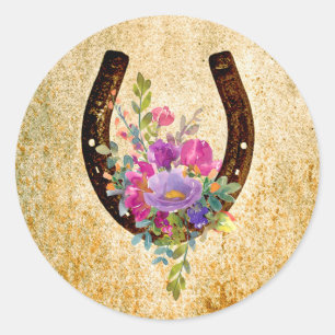 Sticker Rond Horseshoe Rustique Aquarelle Florale Bonne chance