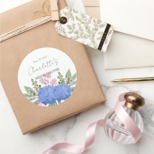 Sticker Rond Hortensia Bleu Moderne Baby Shower Floral de Mari