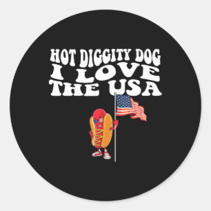 Sticker Rond Hot Diggity Chien Usa American Flag 4 juillet Quat
