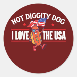 Sticker Rond Hot Diggity Dog USA American Flag 4 juillet