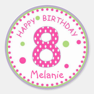 Sticker Rond Hot Pink Polka Dot Happy Birthday Number 8