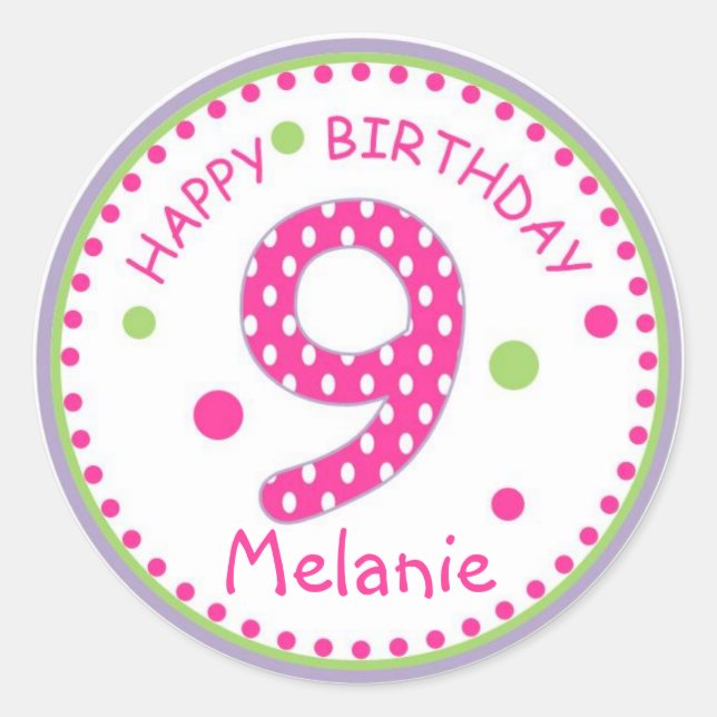 Sticker Rond Hot Pink Polka Point heureux Anniversaire Numéro 9 (Devant)