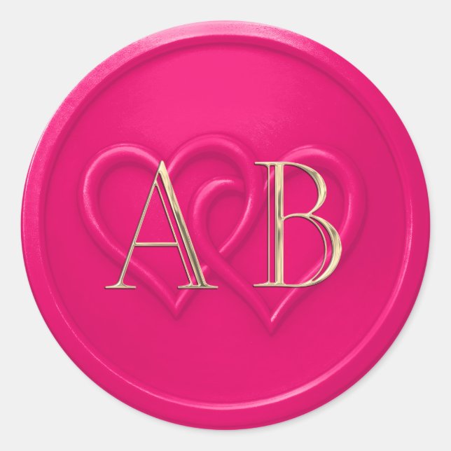 Sticker Rond Hot Pink Two Hearts Intertwined Monogram Wedding (Devant)