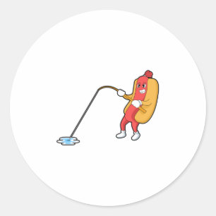 Sticker Rond Hotdog à la pêche avec bâtonnet de pêche