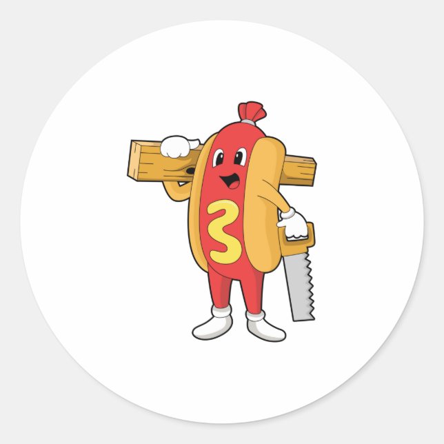 Sticker Rond Hotdog as Carpenter with Saw & Wood (Devant)