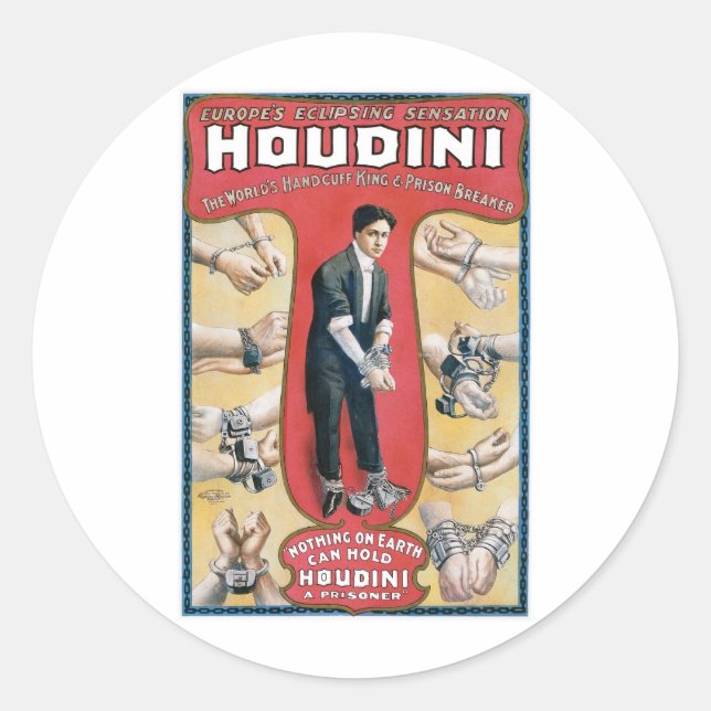 Sticker Rond Houdini ~ Artiste d'évasion de menottes Vintages (Devant)