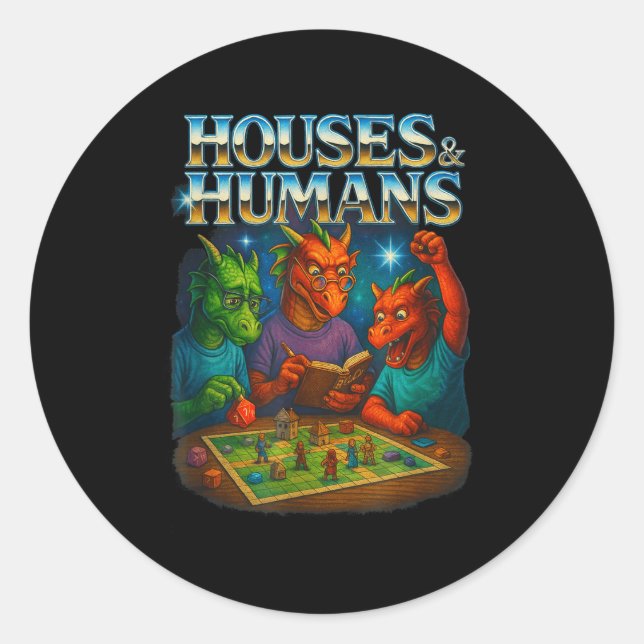 Sticker Rond Houses And Humans Funny Gaming Rpg Gamers Men Wome (Devant)