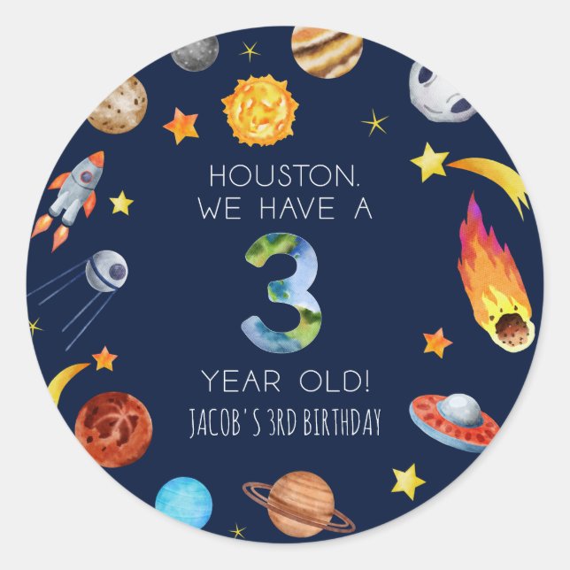 Sticker Rond Houston We Have A 3 Year Old 3rd Birthday Party (Devant)