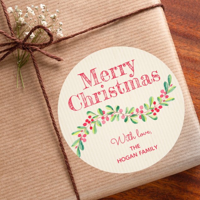 Sticker Rond Houx et Baies de Noël (Christmas stickers with leaves and berries personalized for gift giving)