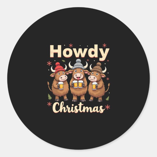 Sticker Rond Howdy Christmas Funny Highland Cow Xmas Cows Lover (Devant)