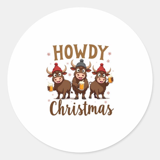 Sticker Rond Howdy Christmas Funny Highland Cow Xmas Cows Lover (Devant)
