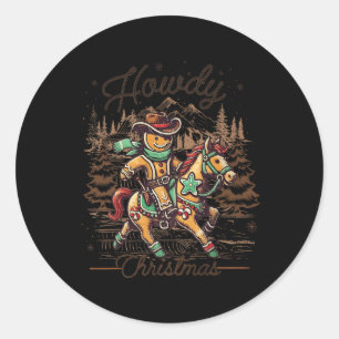 Sticker Rond Howdy Christmas Gingerbread Homme Cowboy Ride Hors