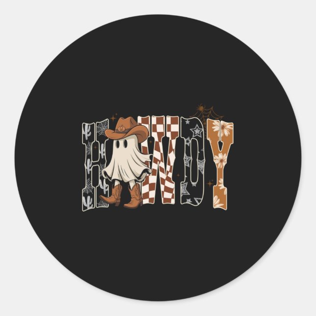 Sticker Rond Howdy, Cowboy Ghost, Soky Halloween Funny Gift Tee (Devant)