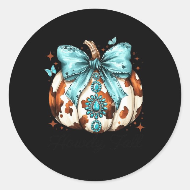 Sticker Rond Howdy Fall Western Citrouille Halloween Cowhide Pu (Devant)