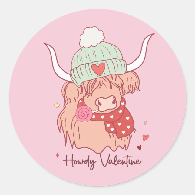 Sticker Rond Howdy Valentine, Valentines' Day Highland Cow (Devant)