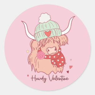 Sticker Rond Howdy Valentine, Valentines' Day Highland Cow