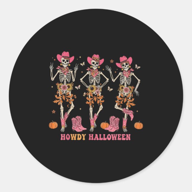 Sticker Rond Howdy Western Skeleton Cowgirls Dancing Halloween  (Devant)