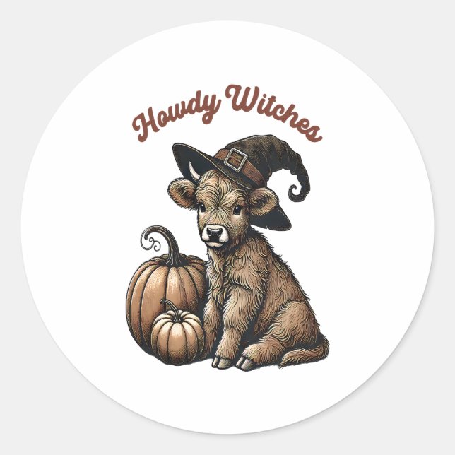 Sticker Rond Howdy Witches Halloween Highland Cow (Devant)