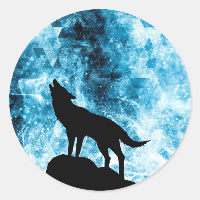 Sticker Rond Howling Wolf Hiver neige bleue fumée Abstraite (Devant)