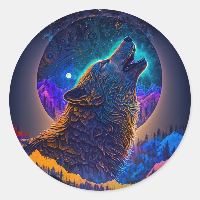 Sticker Rond Howling Wolf Surreal Imaginaire (Devant)