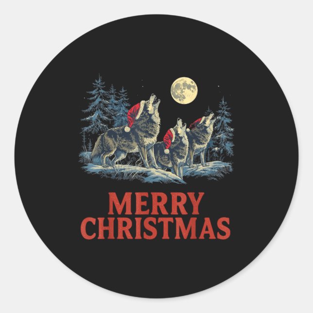 Sticker Rond Howling Wolves Merry Christmas Holiday Design  (Devant)