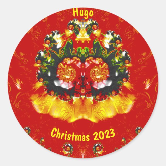Sticker Rond HUGO ~ NOËL Rouge Vert Jaune Fractale ~ (Devant)