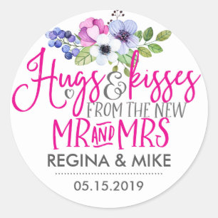 Sticker Rond Hugs and Kisses from New Mr and Mrs Floral