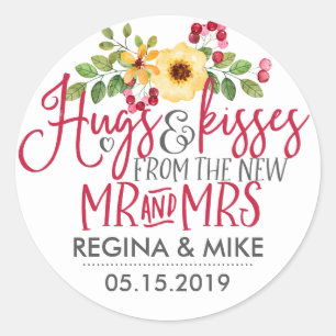Sticker Rond Hugs and Kisses from New Mr and Mrs Mariage
