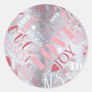 Sticker Rond Hugs and Kisses Word Cloud Pink/Silver ID286
