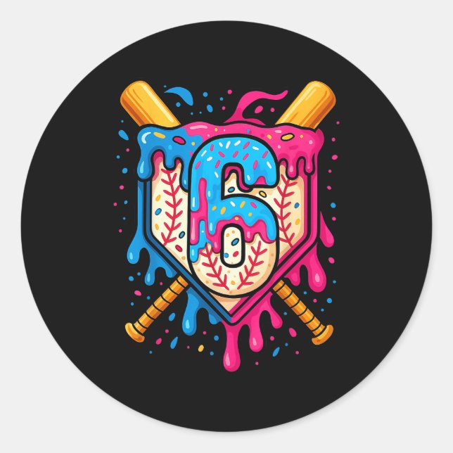 Sticker Rond Hugvyn 6th Birthday Baseball Ice Cream Drip Number (Devant)