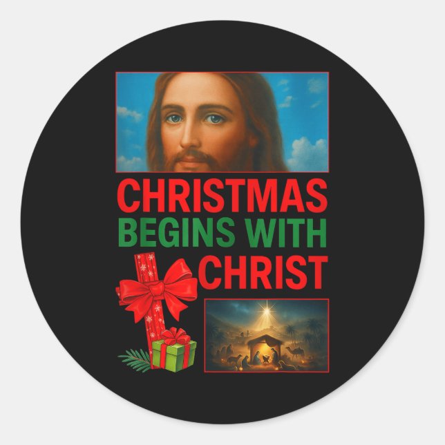 Sticker Rond Hugvyn Christmas Begins With Christ Jesus Cross Ch (Devant)