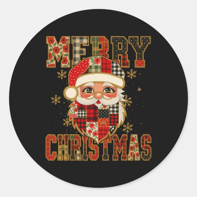 Sticker Rond Hugvyn Christmas Santa Claus Patchwork Joyeux Chri (Devant)