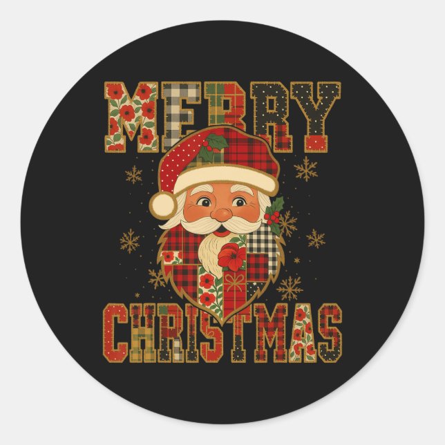 Sticker Rond Hugvyn Christmas Santa Claus Patchwork Joyeux Chri (Devant)