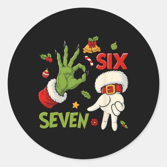 Sticker Rond Hugvyn Funny Six Seven Meme Christmas Santa Saying (Devant)
