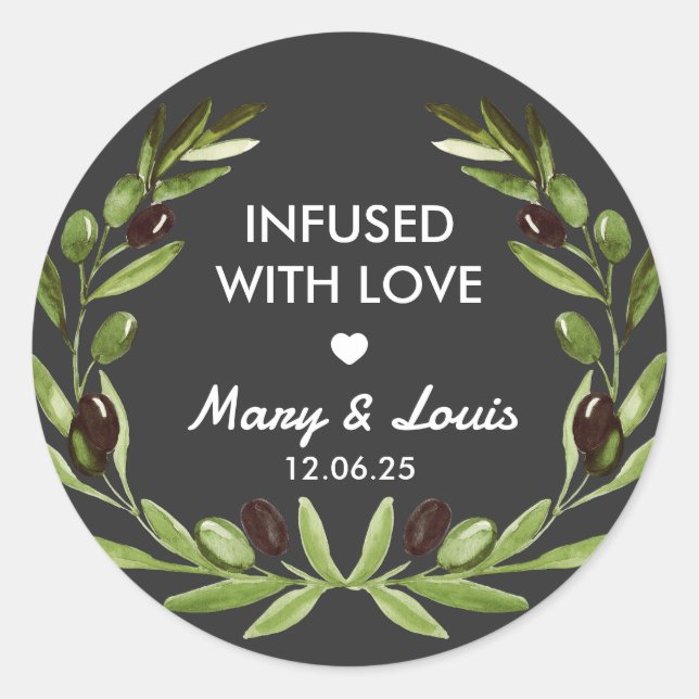 Sticker Rond Huile d'olive Infusée avec amour Mariage Favor aut (Devant)