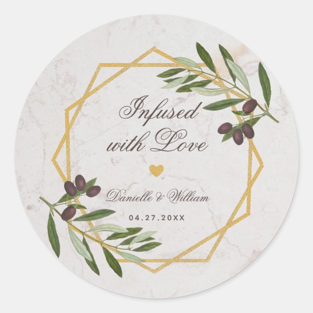 Sticker Rond Huile d'olive infusée avec des feuillages d'amour, (Devant)