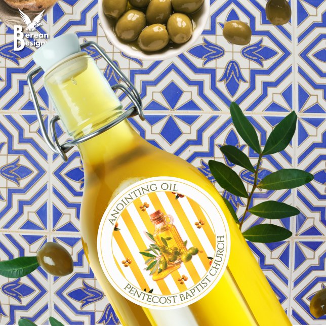 Sticker Rond Huile d'onction à rayure jaune Cadeau de faveur d' (ANOINTING OIL stickers for praying churches. CUSTOMIZABLE TEXT so you can add your church name.)