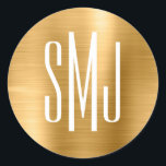 Sticker Rond Huile d'or trois lettres Monogramme<br><div class="desc">Un simple monogramme de trois lettres sur les autocollants de faveur. Phoques d'enveloppe monogramme à 3 lettres de couple mariage. L'arrière - plan présente un art numérique à l'ombre métallique d'un faux or. L'effet art numérique s'imprime comme une photo avec un texte monogrammé.</div>