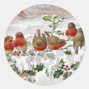 Sticker Rond Huit Robins anglais sur Holly Vintage Christmas